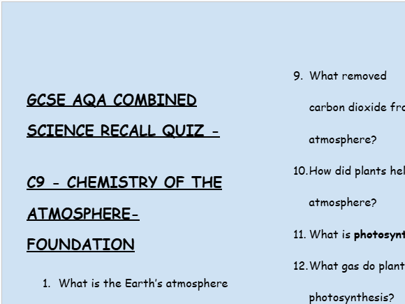 GCSE Chemistry C9 Chemistry of the Atmosphere – 30 Foundation Retrieval Questions | AQA | Low-Stakes