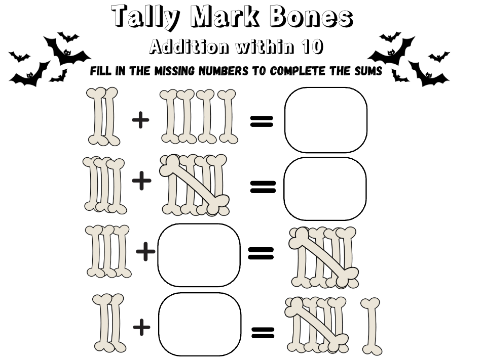 Maths Tally mark add/sub missing number within 10 Halloween sheet