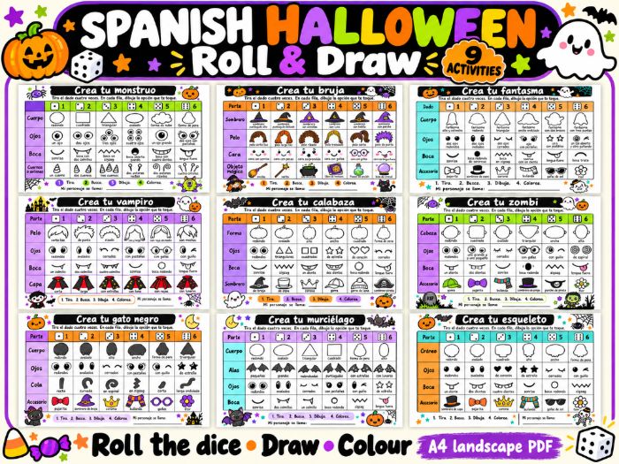 Spanish Halloween Roll and Draw – 9 Dice Drawing Activities