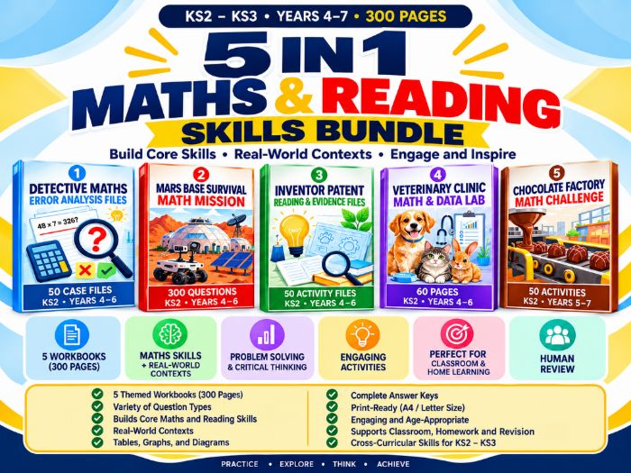 KS2–KS3 Maths & Reading Skills Bundle 5 Workbooks 300 Pages Years 4–7