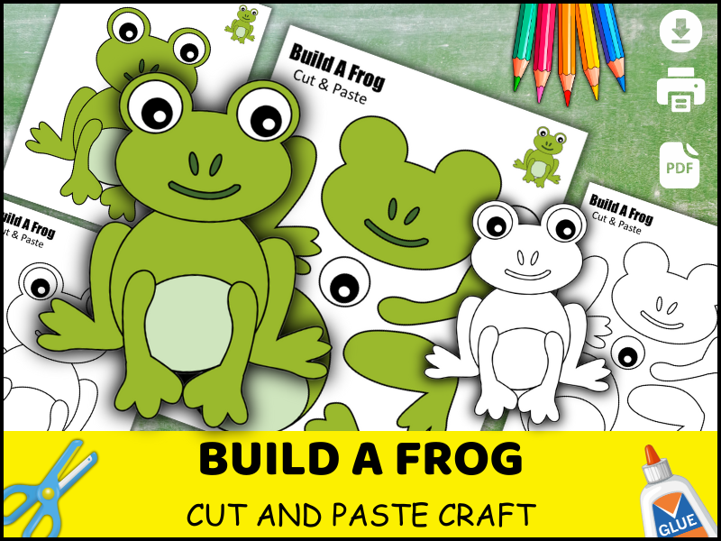 Frog Craft for Kids, Pond Animal Cut and Paste Activity, Preschool Coloring Worksheet, Fun Classroom