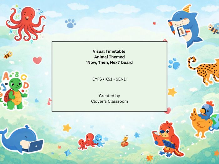 Animal-Themed Visual Timetable Cards + Now Next Then Board (EYFS / KS1 / SEND)