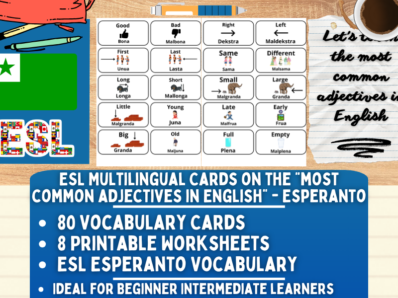 ESL Multilingual Vocabulary Flashcards - Most Common Adjectives - Esperanto