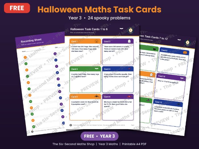 FREE Year 3 Halloween Maths Task Cards | 24 Spooky Word Problems