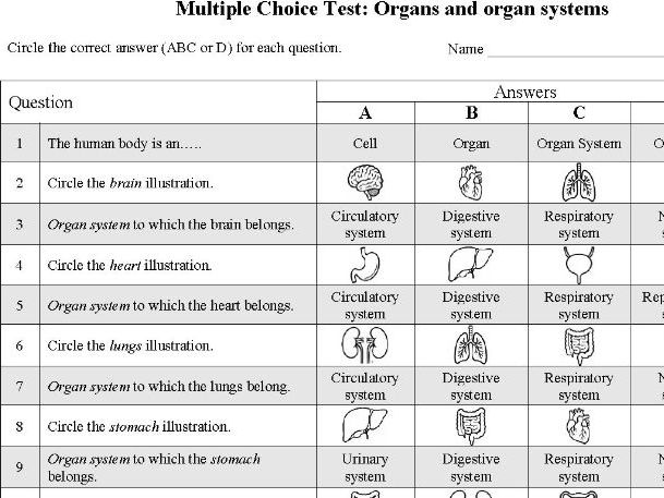 Organs - organ systems (Multiple Choice)
