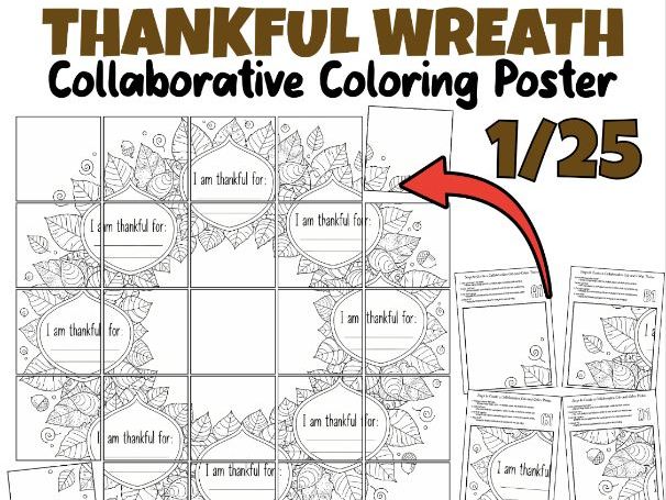 Thankful Wreath Collaborative Coloring Poster | Fall Gratitude Activity