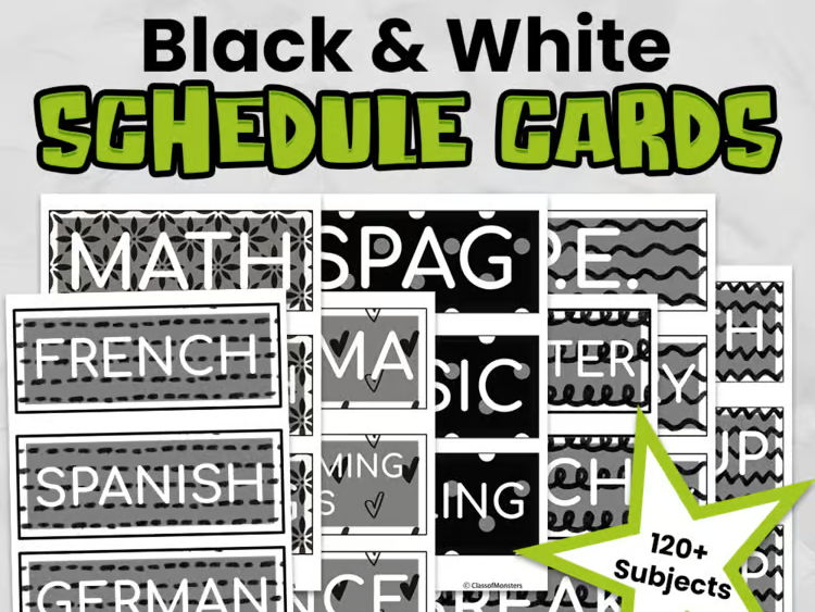 Black and White Editable Classroom Timetable Cards with Clocks | Bold Primary Visual Timetable