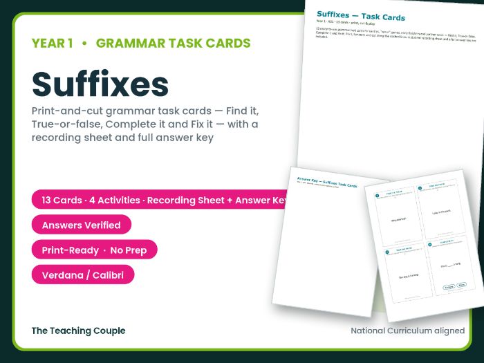 Year 1 Suffixes Task Cards – 13 Grammar Cards + Answer Key