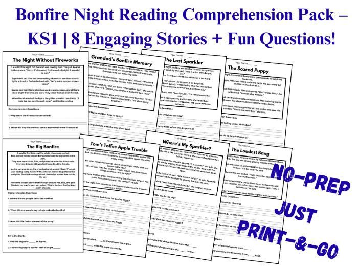 KS1 Bonfire Night Reading Comprehension Pack | 8 Fiction Stories + Questions Literacy | no-prep