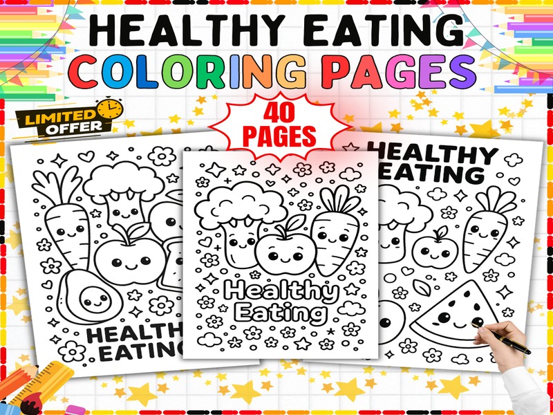 Healthy Food Coloring Sheets | 40 Page Coloring Sheets | Fruits Vegetables and Snacks