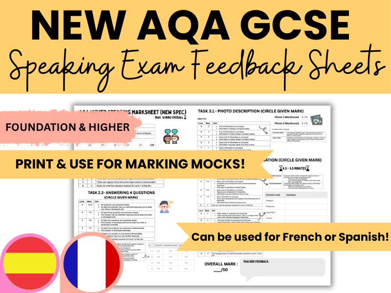 AQA New 2026 Spec Speaking/Oral Exam Feedback Sheet including Mark Scheme: Higher and Foundation