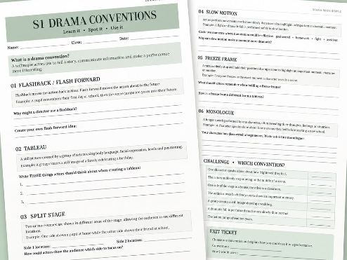 Drama Conventions worksheet editable on Word. PDF also available,