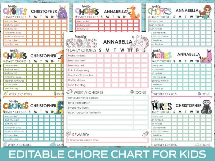 Editable Chore Chart for Kids, Boys & Girls