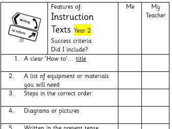Y2/3 Pupil Self Assessment Success Criteria Checklists