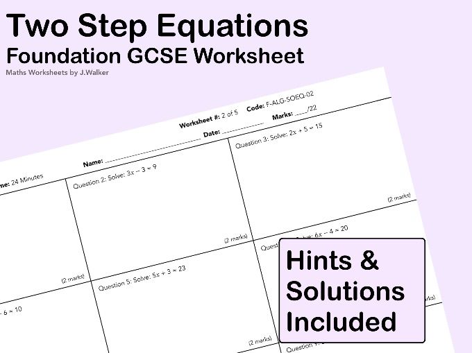 GCSE Maths Worksheet: Two Step Equations - Foundation Tier