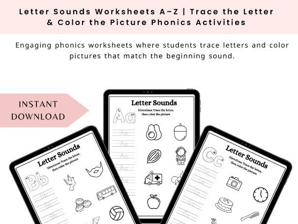 Letter Sounds Worksheets A–Z | Trace the Letter & Color the Picture Phonics Activities
