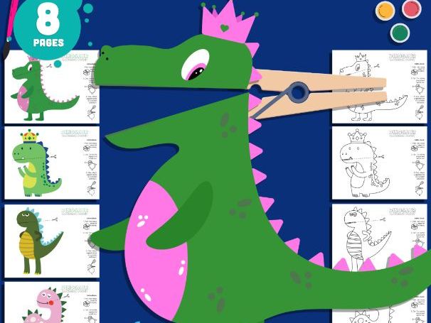 Dinosaur Clothespin Puppet Craft, Color Cut and Create Dinosaur Activity