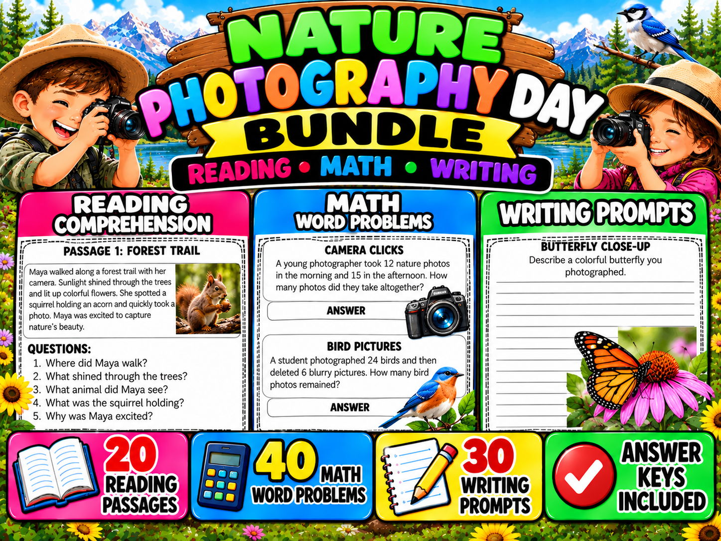 Nature Photography Day Bundle | Reading Comprehension, Math Word Problems & Writing Prompts