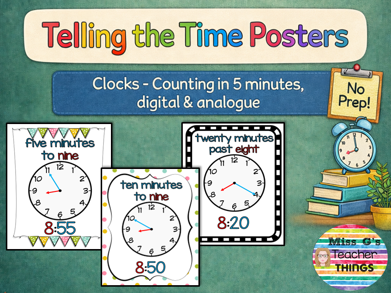 Telling the Time posters clocks - counting in five minutes, digital & analogue Ks1 Ks2