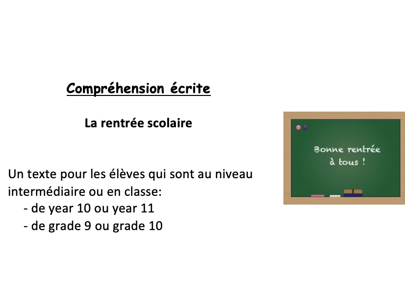Reading (year 10 or 11 - grade 9 or 10): La rentrée scolaire