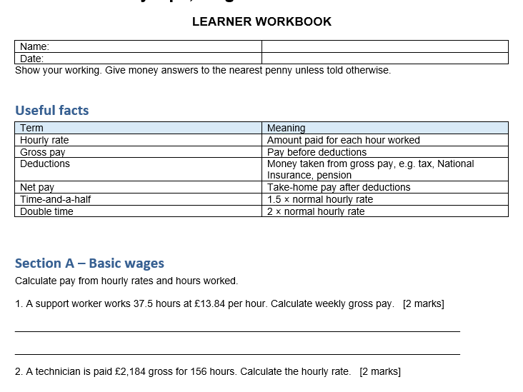 Payslip, Wages, Overtime Functional Skills Maths questions LV1 & LV2
