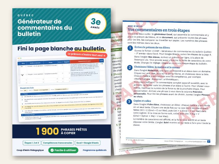 French Report Card Comments Québec Grade 3 | Commentaires bulletin 3e année