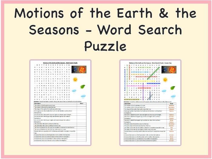 Motions of the Earth and the Seasons - Word Search Puzzle Activity (Printable PDF)
