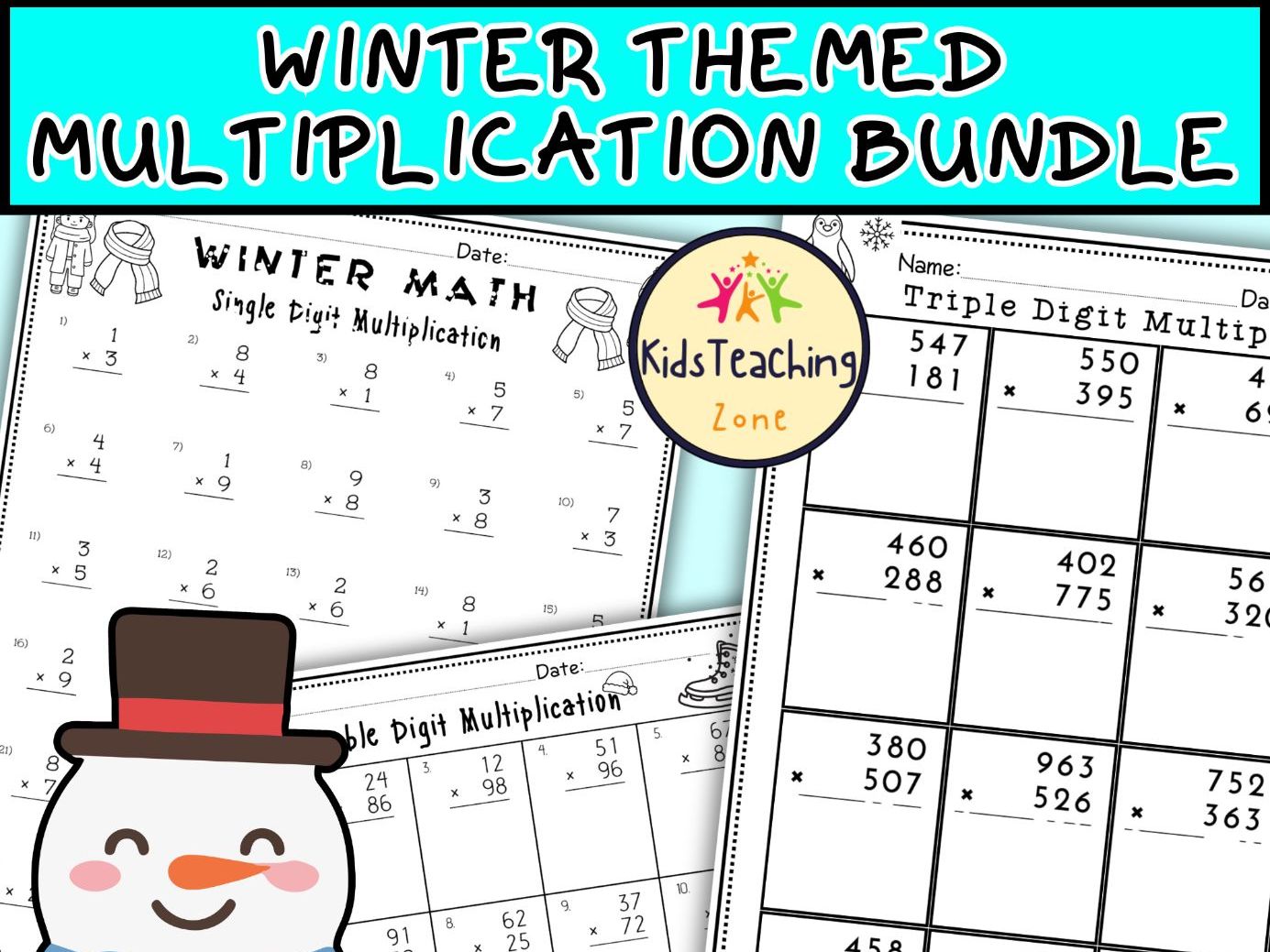 Winter Themed Math Multi Digit Multiplication Bundle Practice Worksheets