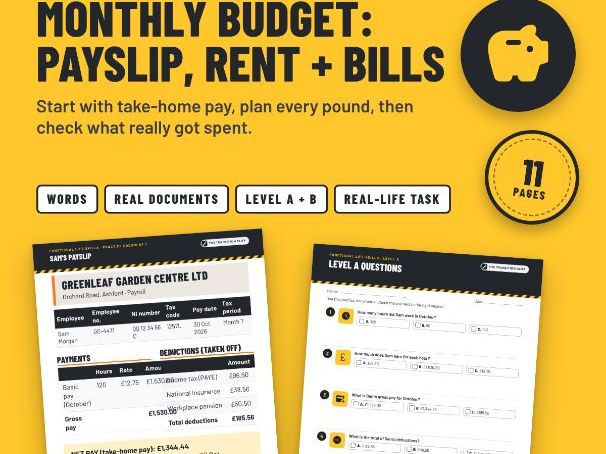 Monthly Budget and Payslip Worksheets: SEND KS4 and Post-16 Life Skills (UK)