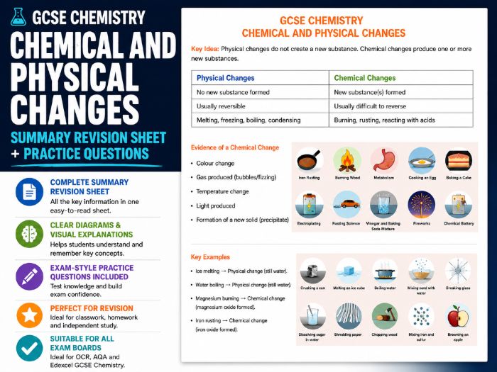 GCSE Chemistry chemical and physical changes detailed summary sheet and questions