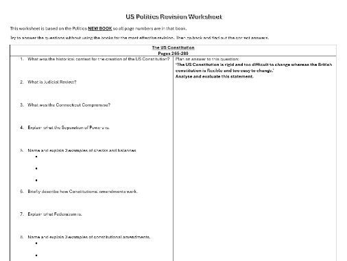 AQA 7152 Politics Revision Question Sheets - Full US Side Sheet