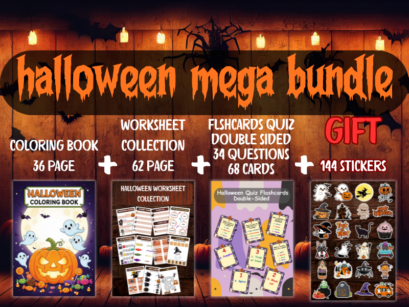 Ultimate Halloween Mega Bundle for Kids – Coloring Book, Worksheets, Flashcards, Quiz + Bonus