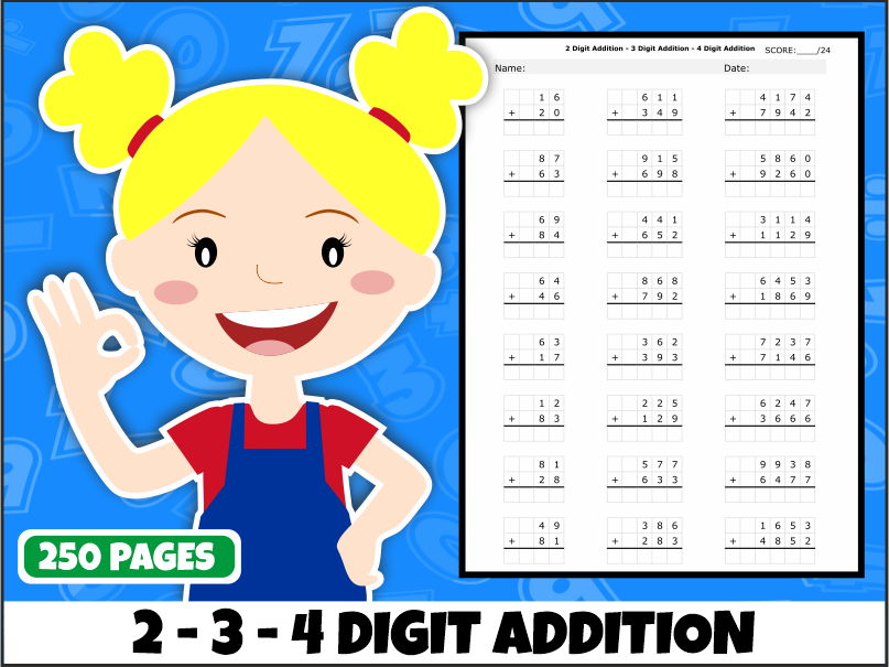Addition Workbook | 2-Digit, 3-Digit & 4-Digit Numbers | 250 Printable Worksheets | Years 2–4 Maths
