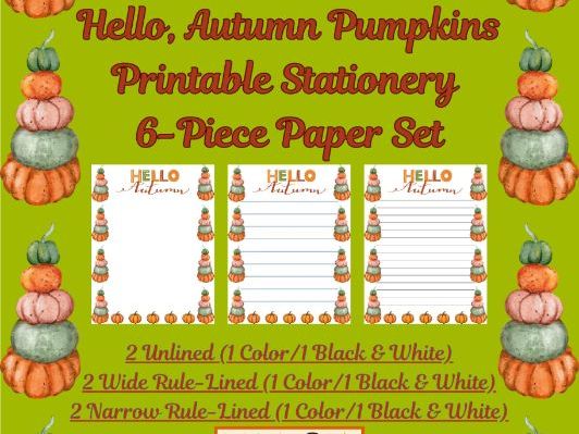 Hello Autumn Pumpkins! Stationery Pages 6 Writing Papers (Color/B&W)