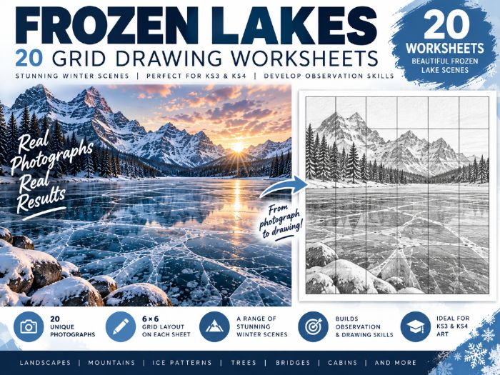 Frozen Lakes Grid Drawing Worksheets | 20 Winter Landscape Art Activities | KS3 & KS4
