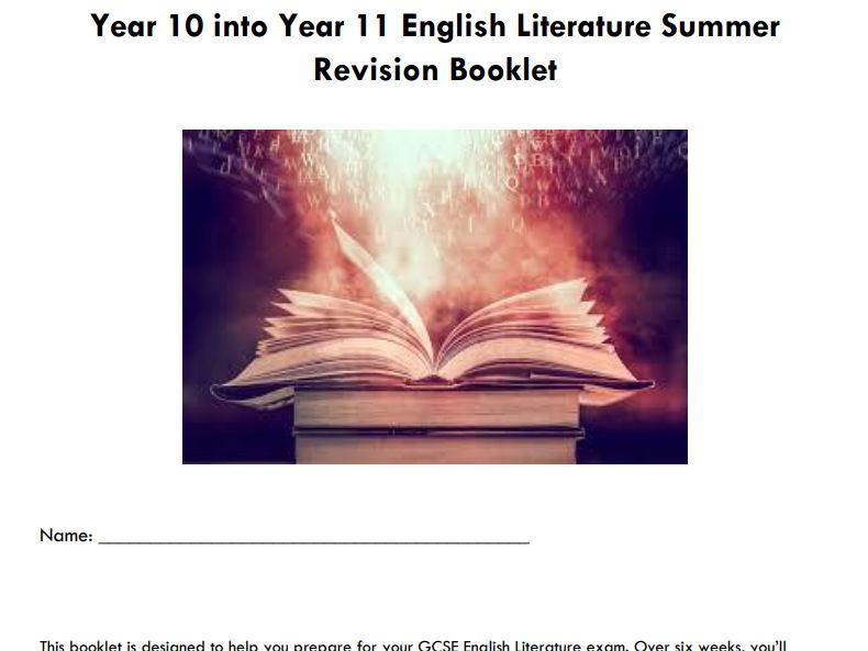 Year 10 into 11 Summer Study Project Edexcel English Literature