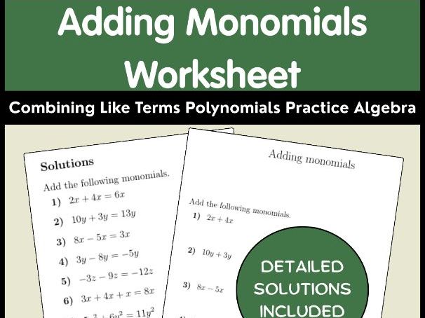 Adding Monomials Worksheet | Combining Like Terms Polynomials Practice Algebra