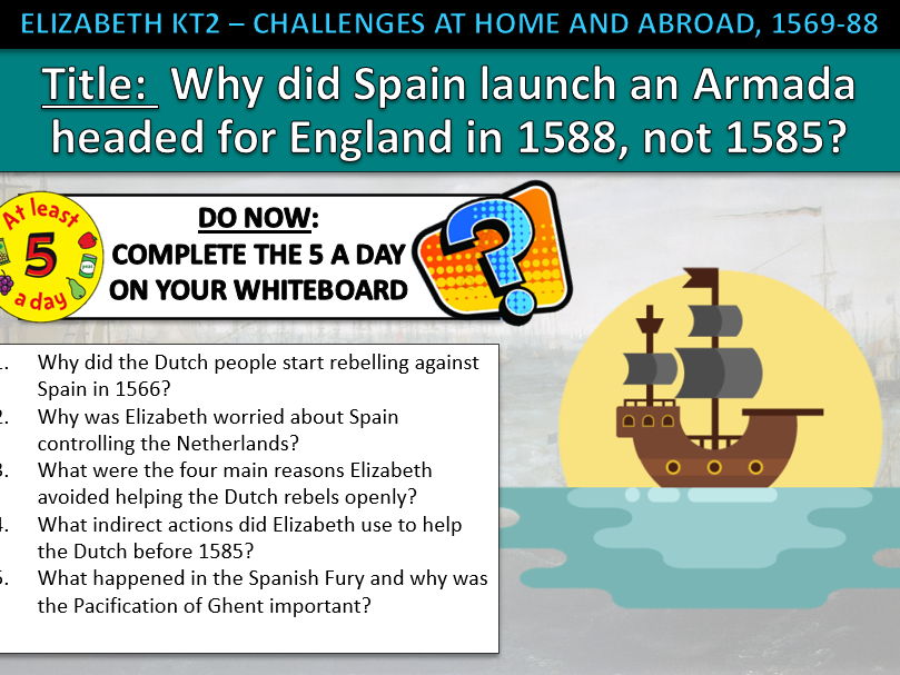 History GCSE Elizabeth Edexcel KT2 L7 Why the Armada was Delayed (Fully Resourced).