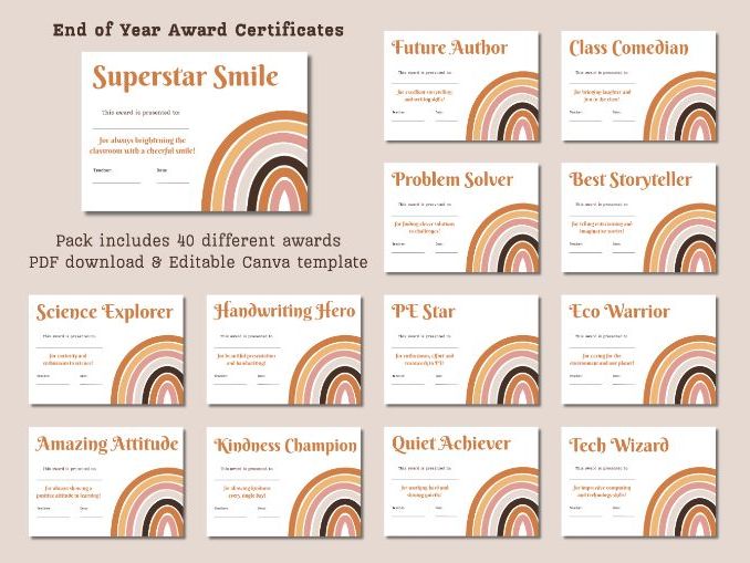 End of Year Award Certificates – Neutral Rainbow Boho Theme (Editable Canva Link Included) | Tea