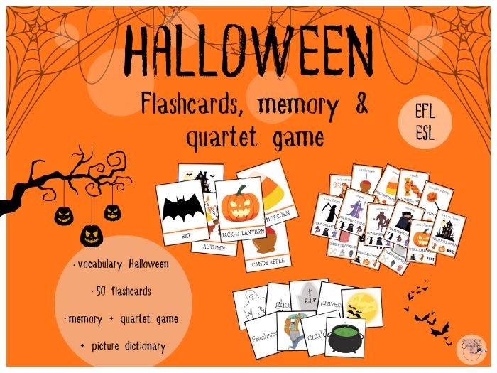 Halloween flashcards, memory & quartet game - printable PDF (EFL/ESL)