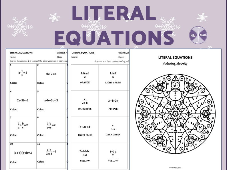 Literal Equations - Color by Code/Coloring Activity