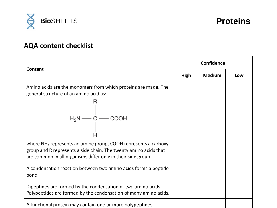 AQA A-Level Biology: 1.4.1 Proteins –  BioSHEETS Complete Study & Practice Pack