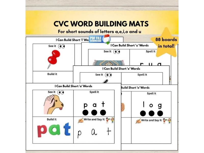 CVC Word Building Mats | Short Vowels A E I O U | Phonics