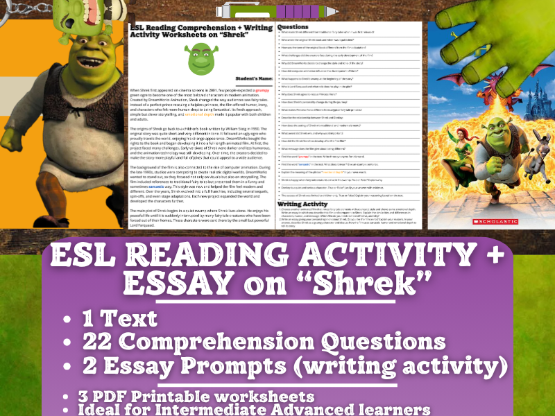 ESL Reading Comprehension + Writing Activity Worksheets - Shrek