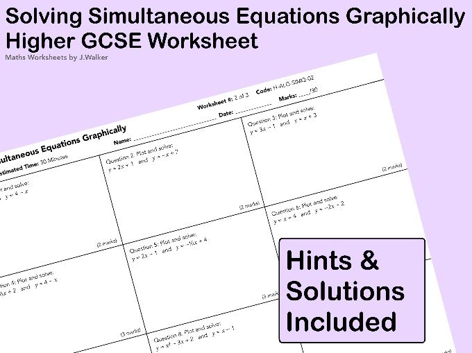 GCSE Maths Worksheet: Solving Simultaneous Equations Graphically - Higher Tier