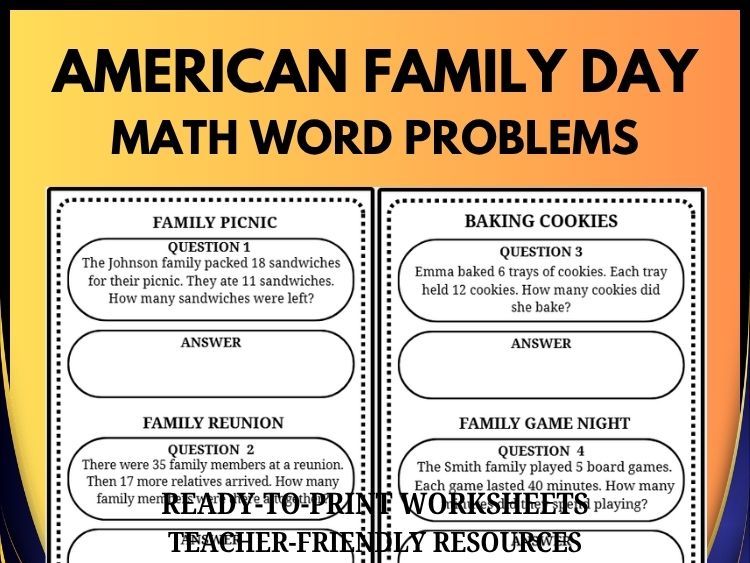 American Family Day Math Word Problems | 40 Problems & Answer Key