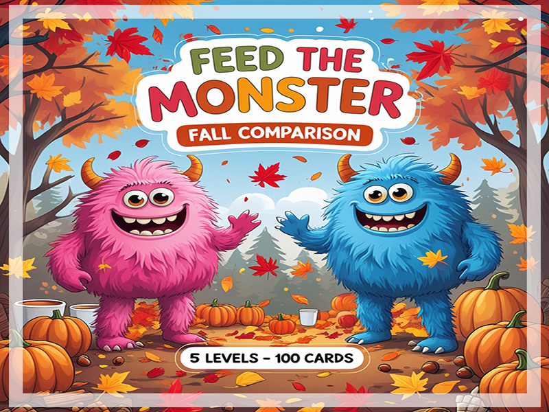 Autumn / Fall Feed the Monster Sorting Game Comparison Activity for EYFS / Nursery / Reception