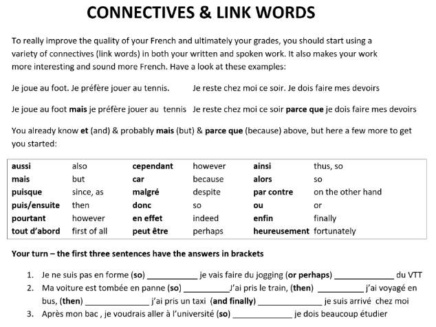 GCSE French Higher Writing - Connectives and Link Words