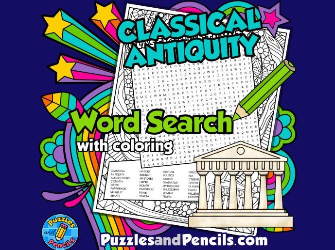 Classical Antiquity Word Search Puzzle Activity with Colouring | Eras in World History
