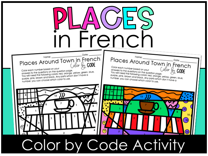 Beginner French Places Around Town Buildings Colour by Code or Number Activity